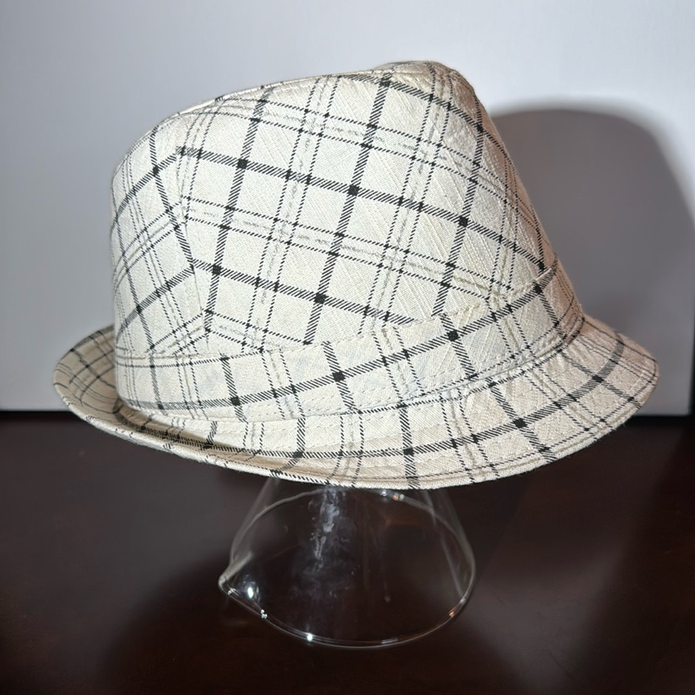 Cream, black, and silver plaid fedora GUC